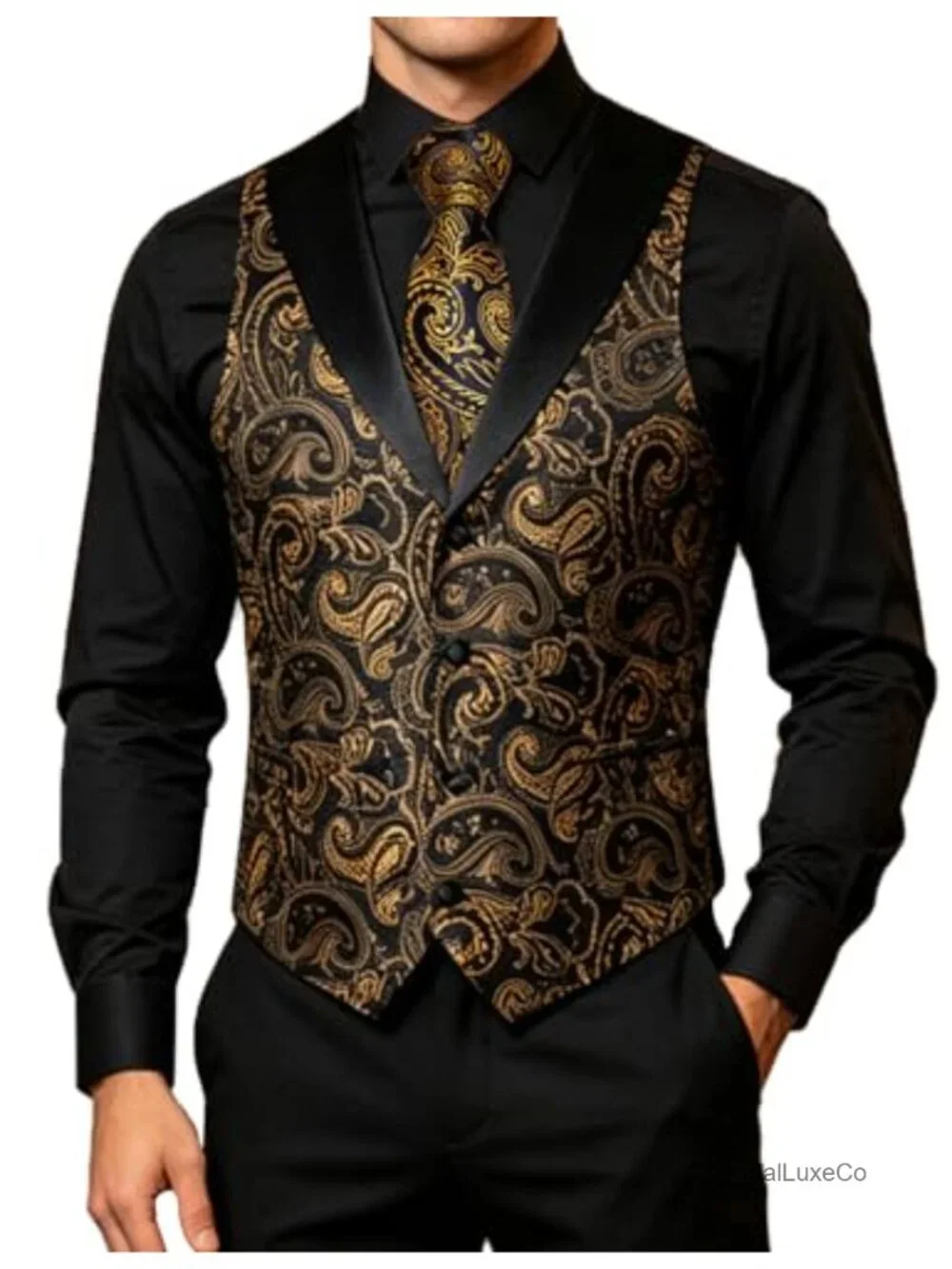 Mens Paisley Suit Vest Set 7 Piece Silk Jacquard Shawl Collar Formal Wedding